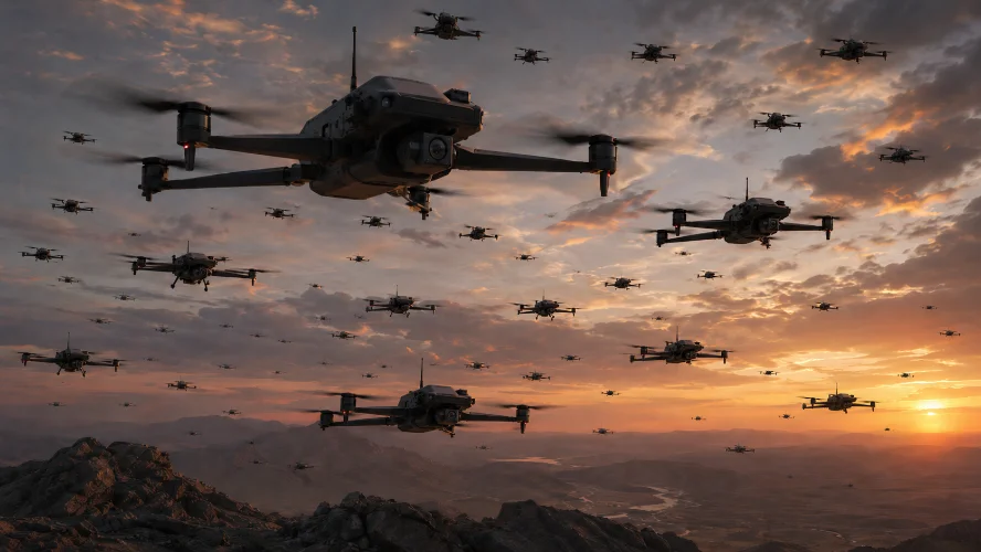 Drones moving in a swarm over a training landscape