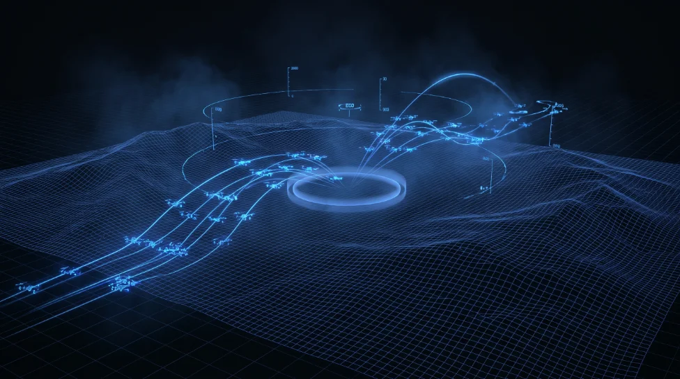 A dark formation preview showing drone paths over a grid